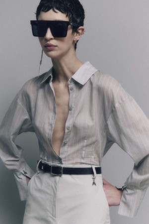 Patrizia Pepe Cotton Pinstripe Shirt Grigie | 84TLAOSNU