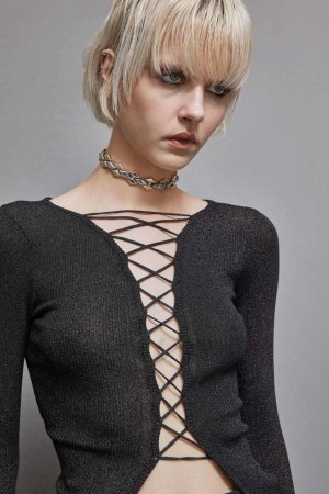 Patrizia Pepe Essential Lurex Ribbed Cardigan Nere | 75GTICEKF