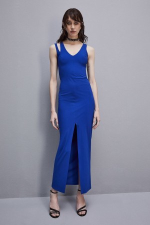 Patrizia Pepe Essential Technical Jersey V-neck Dress Blu Chiaro | 26HCKVXBO