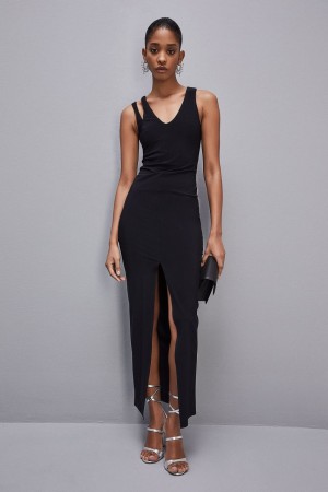 Patrizia Pepe Essential Technical Jersey V-neck Dress Nere | 08ITPNXSH