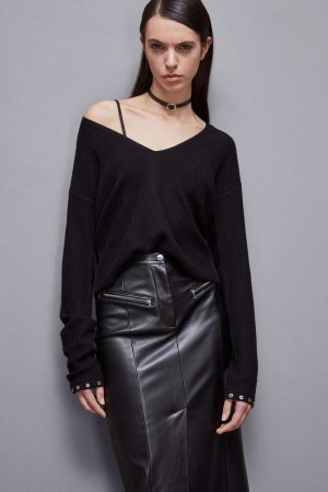 Patrizia Pepe Essential Wool Ribbed Sweater Nere | 65UKFWTBG