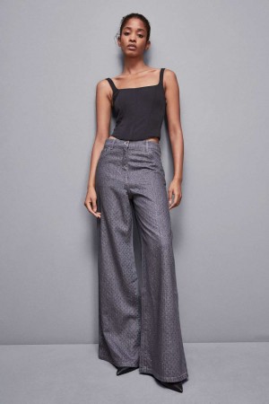 Patrizia Pepe Gray Wide Leg Low-waisted Jeans With Rhinestones Grigie | 79SNKRWFC