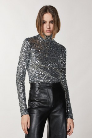 Patrizia Pepe High Neck T-shirt With Sequins Grigie | 84MRGDSLC
