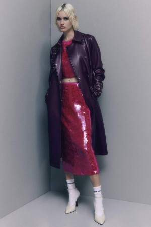 Patrizia Pepe Long Faux Leather Trench Coat With Zipper Viola | 61OFBPSIT