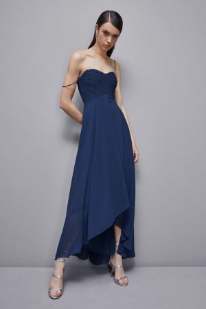 Patrizia Pepe Long Georgette Dress With Pleating Blu | 17QKVTPSY