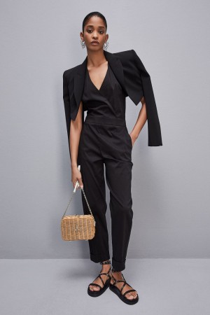 Patrizia Pepe Long Jumpsuit In Stretch Cotton-blend Poplin Nere | 69ZKJLTDS
