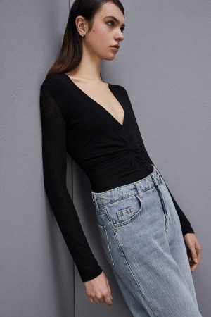 Patrizia Pepe Long-sleeved Jersey T-shirt Nere | 90YVAQGJK