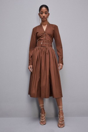 Patrizia Pepe Midi Flared Skirt With Belt Marroni | 62YEDGUBL