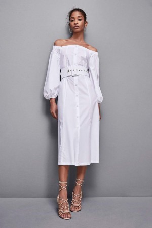 Patrizia Pepe Off-shoulder Dress With Belt Bianche | 64KUZVMON