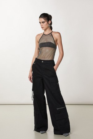 Patrizia Pepe Rhinestone Mesh Crew-neck Top Nere | 13ICOFYAM