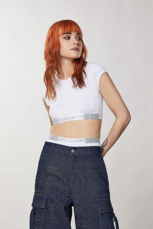 Patrizia Pepe Rib-knit Top With Rhinestones Bianche | 94VJNRSEG