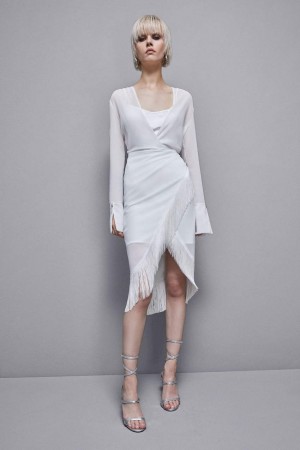Patrizia Pepe Satin And Georgette Dress With Fringes Bianche | 98HYRONWB