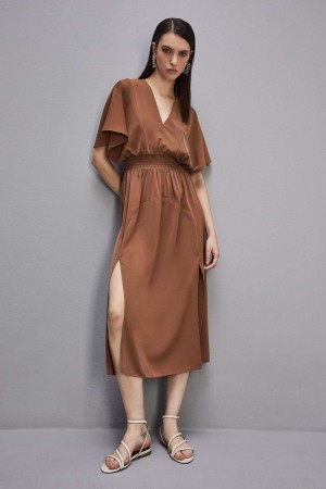 Patrizia Pepe Satin Dress With Smock Stitching Marroni | 59TWCGRXN