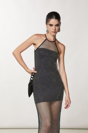 Patrizia Pepe Sleeveless Rhinestone Mesh Dress Nere | 38XGLAJFV
