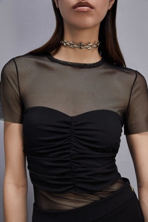 Patrizia Pepe Slim T-shirt In Stretch Tulle Nere | 07RZPECQD