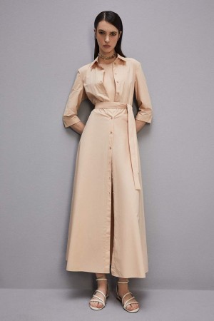 Patrizia Pepe Three-quarter Sleeve Cotton Chemisier Dress Beige | 69TEHUWGQ