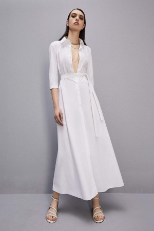 Patrizia Pepe Three-quarter Sleeve Cotton Chemisier Dress Bianche | 27DVMXNOL