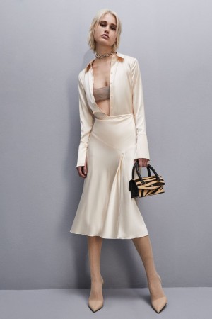 Patrizia Pepe Viscose Satin Midi Skirt Beige | 96RNSKVUF